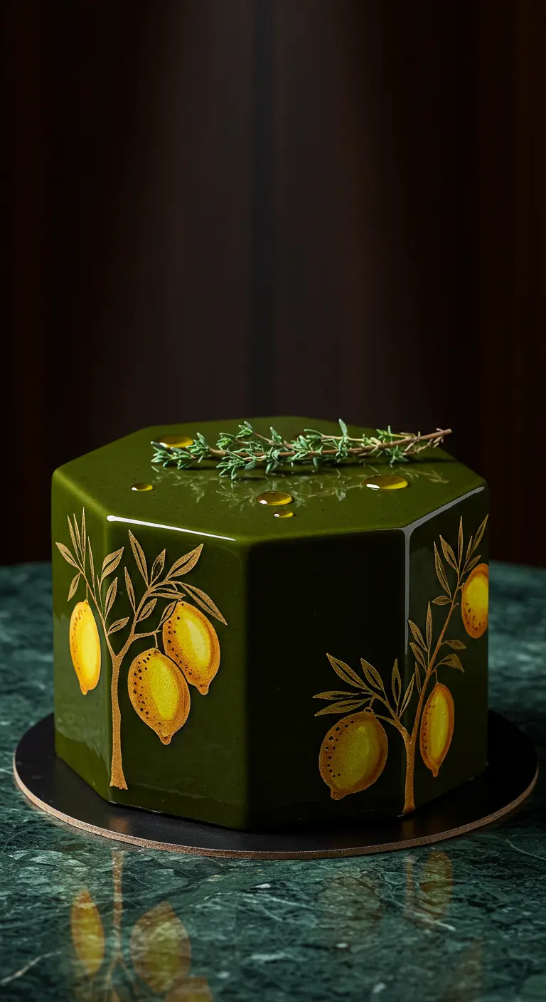 Sechseckige, dunkelgrüne Hochglanz-Torte mit handgemalten Zitronenbäumen und Thymian.