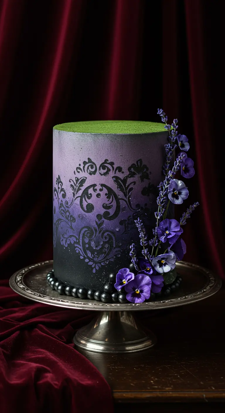 Dunkle Ombré-Torte mit schwarzem Damastmuster und frischen lila Blüten.