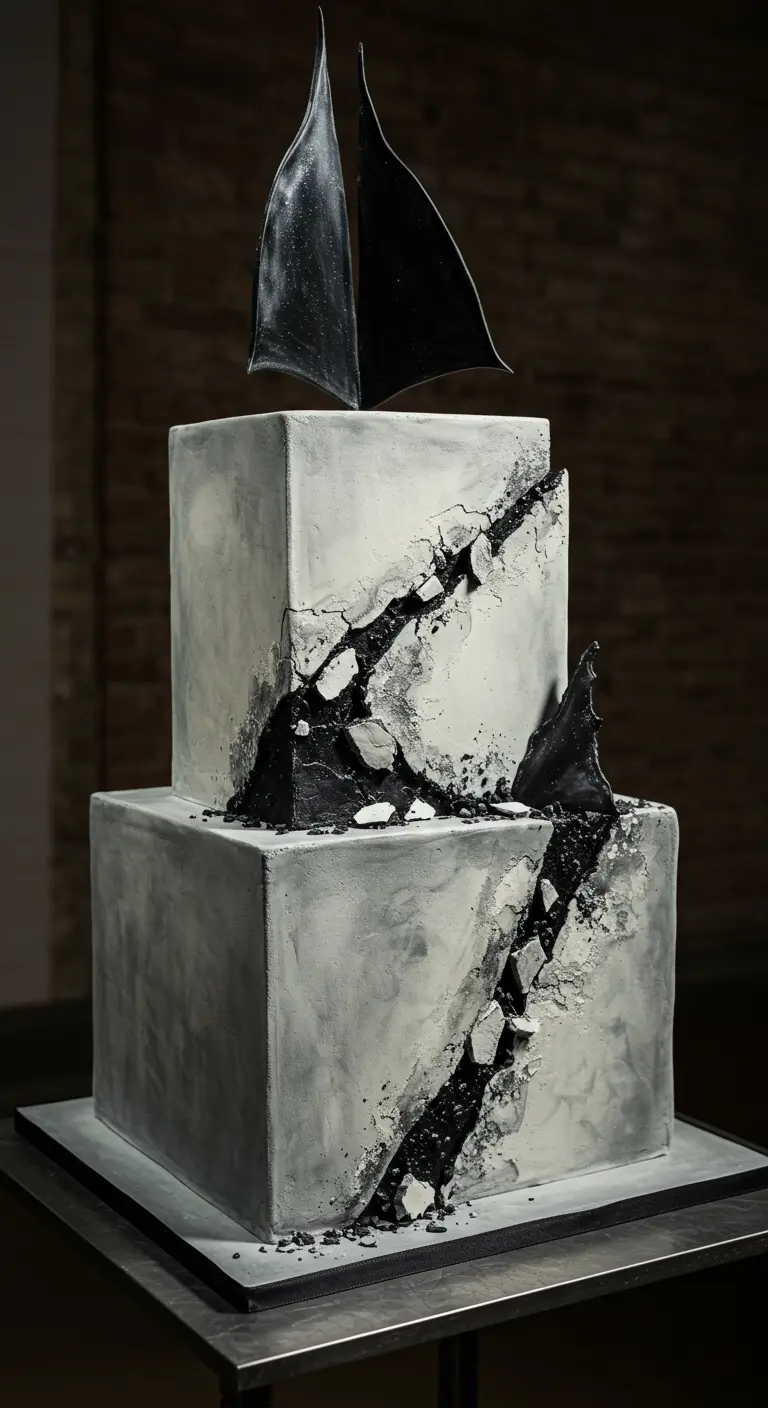 Zweistöckige graue Hochzeitstorte mit schwarzen, rissartigen Verzierungen und schwarzen Segeln.
