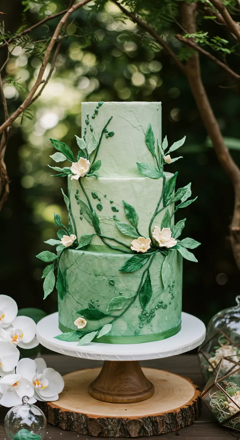 Dreistöckige Ombre-Torte in verschiedenen Grüntönen, umrankt von modellierten grünen Blättern und zarten Blüten.