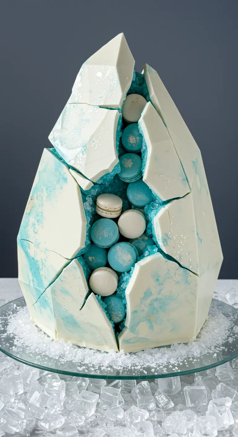 Weiße Geode-Torte mit eisblauen Kristallen und türkisen Macarons auf Eiswürfeln.