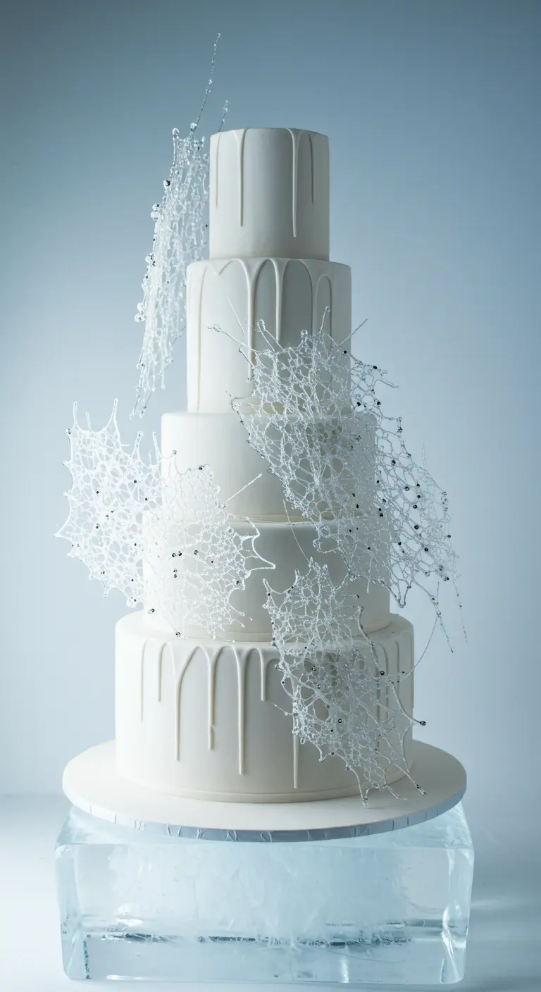 Weiße Hochzeitstorte mit Drip-Effekt und filigranen Spinnweben aus Zucker.