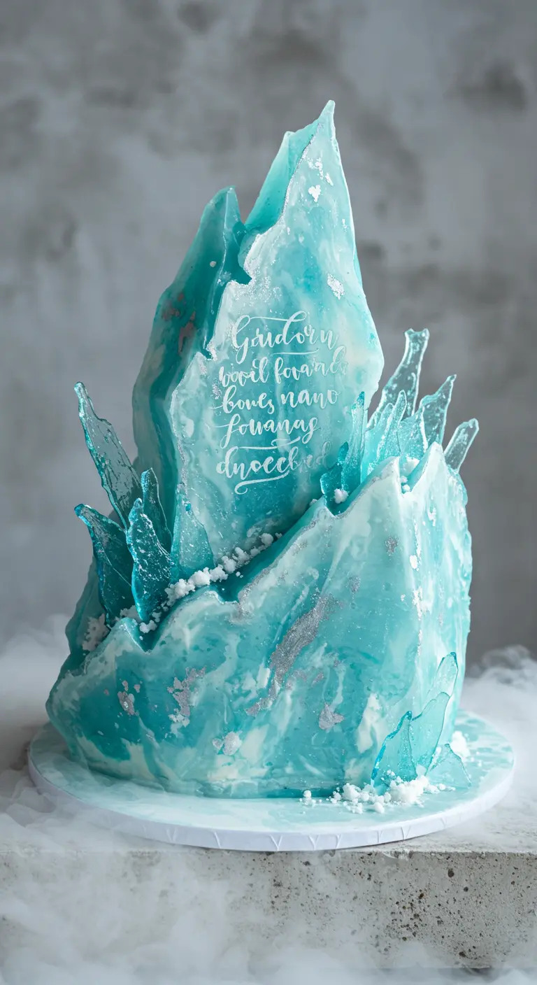 Torte in Form eines blauen Eisbergs mit Zuckerglas-Scherben und weißer Kalligrafie auf einer Scherbe