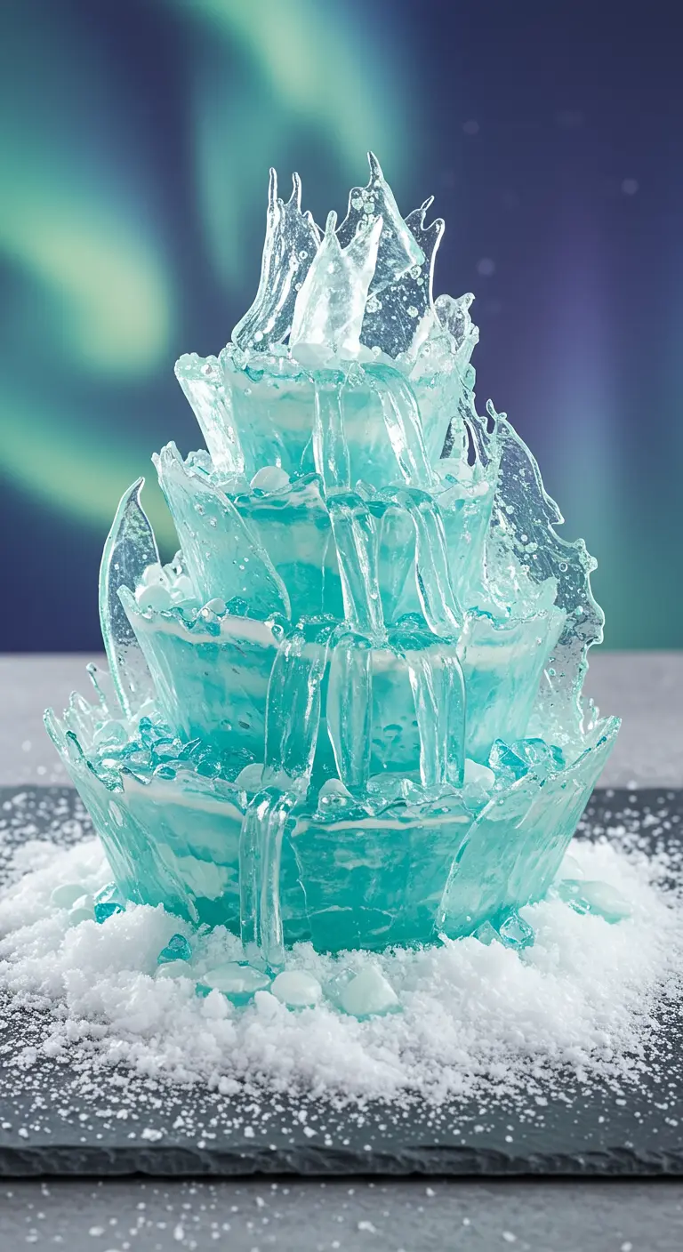 Mehrstöckige Tortenkreation aus hellblauen Eisschalen und Zuckersplittern, die eine Fontäne bilden.
