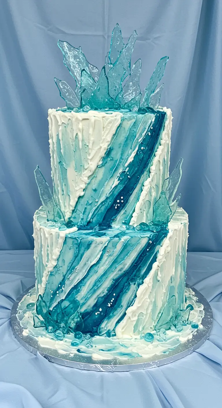 Zweistöckige weiß-blaue Torte mit diagonalen Wellen und Eissplitter-Deko.