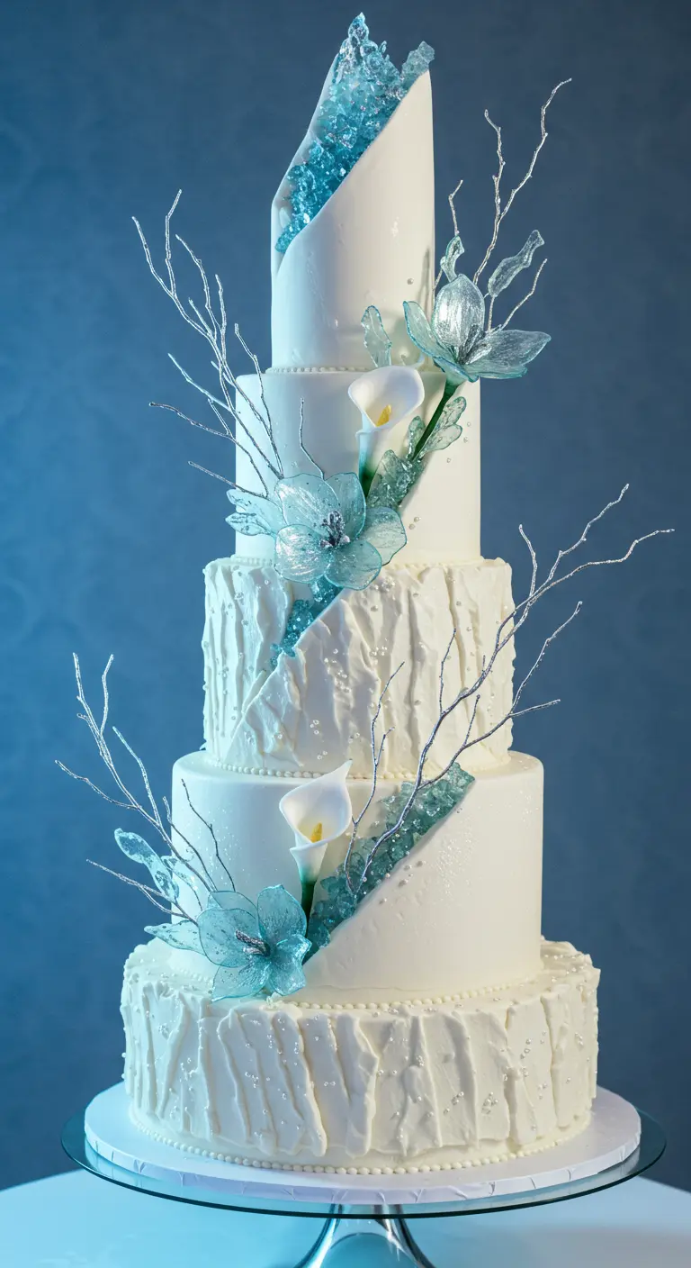 Weiße Hochzeitstorte mit blauen Zuckerblüten, glitzernden Zweigen und strukturierter Oberfläche.