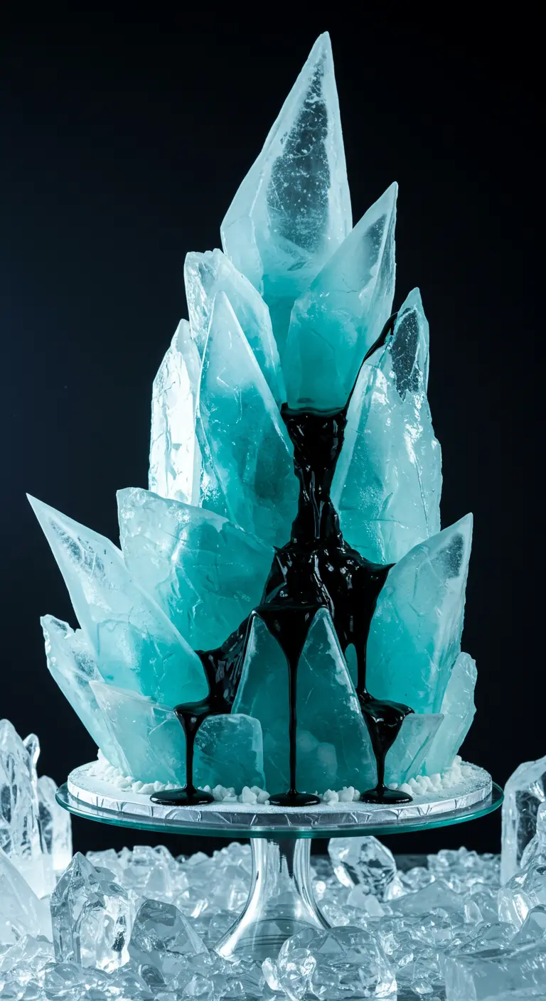 Hochzeitstorte aus großen, bläulichen Eiskristallen (Isomalt) mit schwarzem Drip.