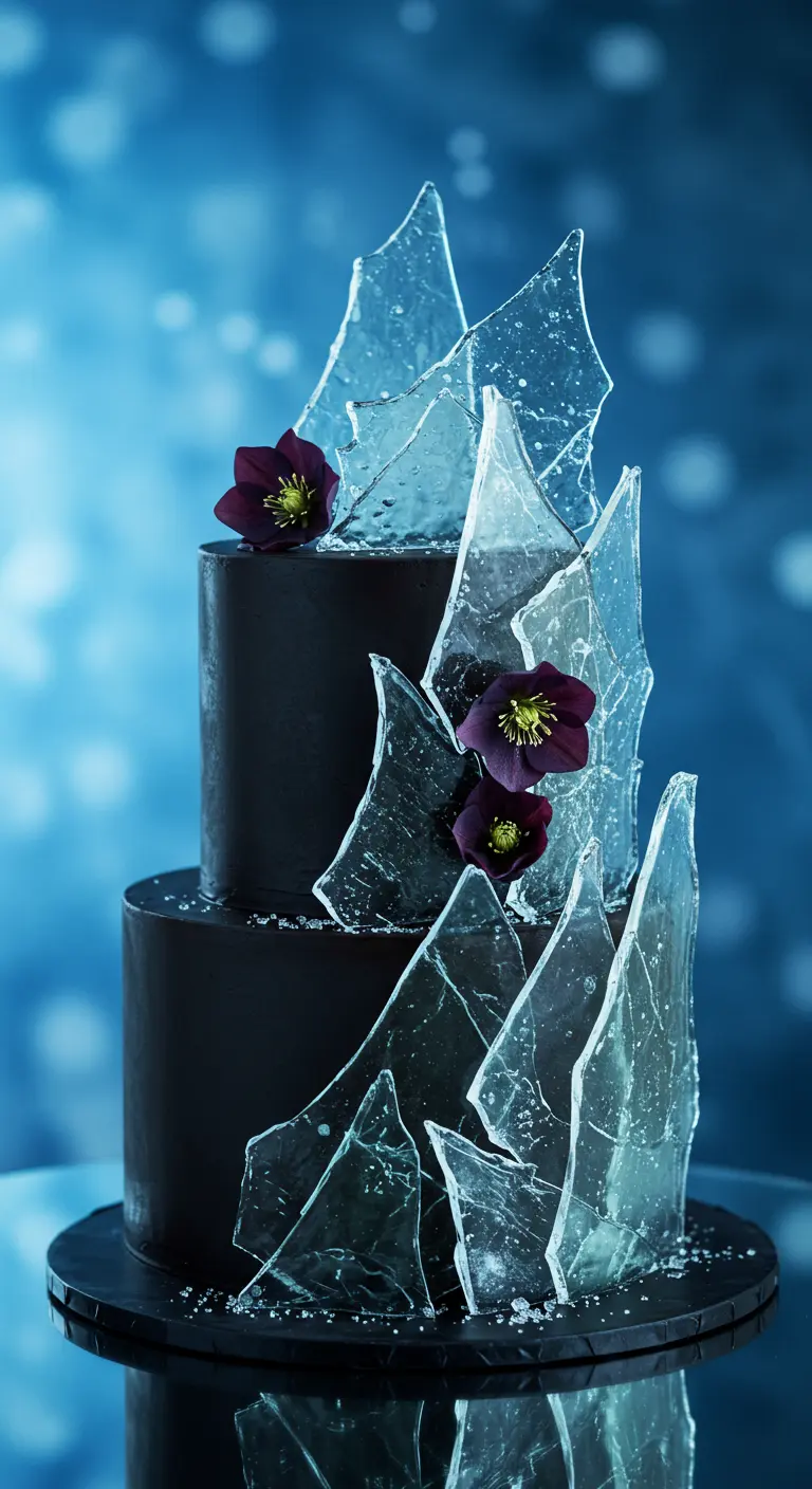 Dunkle Schokoladentorte, dekoriert mit scharfen Eissplittern aus Zucker und dunklen Blüten.