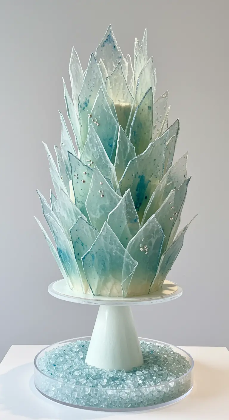 Torte umgeben von vielen schimmernden, türkisfarbenen Eiszapfen-Formen aus Isomalt, auf einem hohen Ständer.