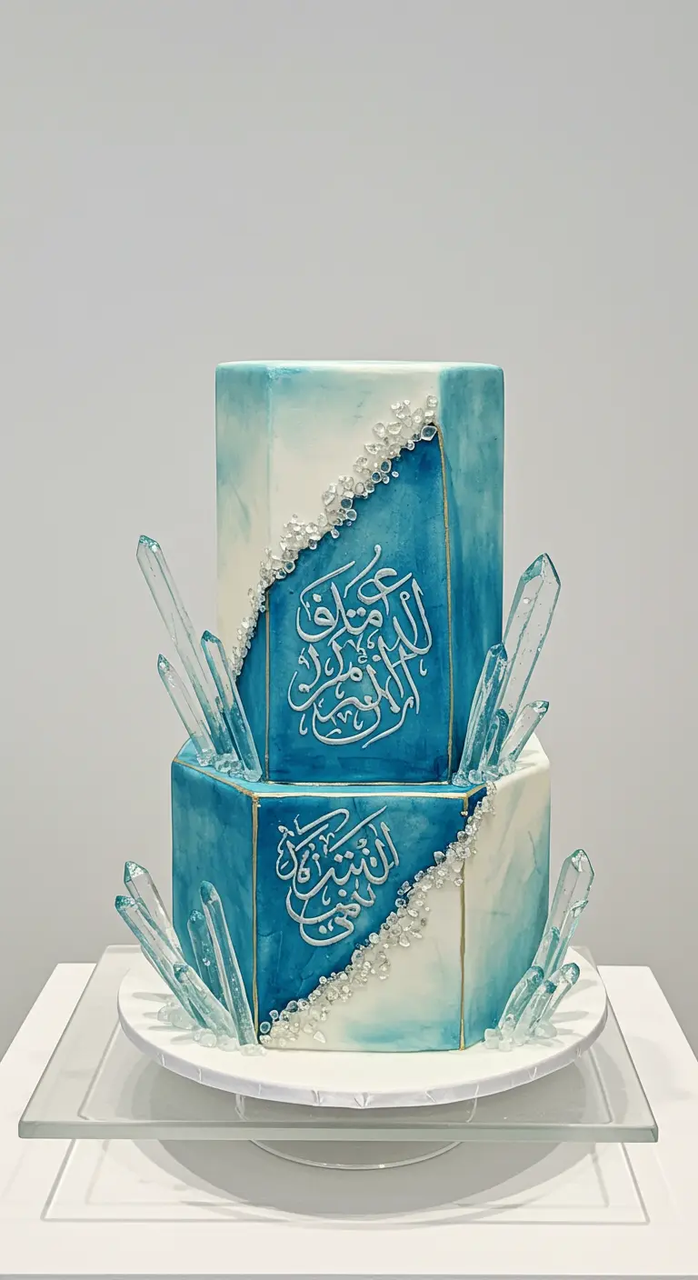 Zweistöckige blaue Ombré-Torte mit arabischer Kalligrafie und klaren Zucker-Kristallen