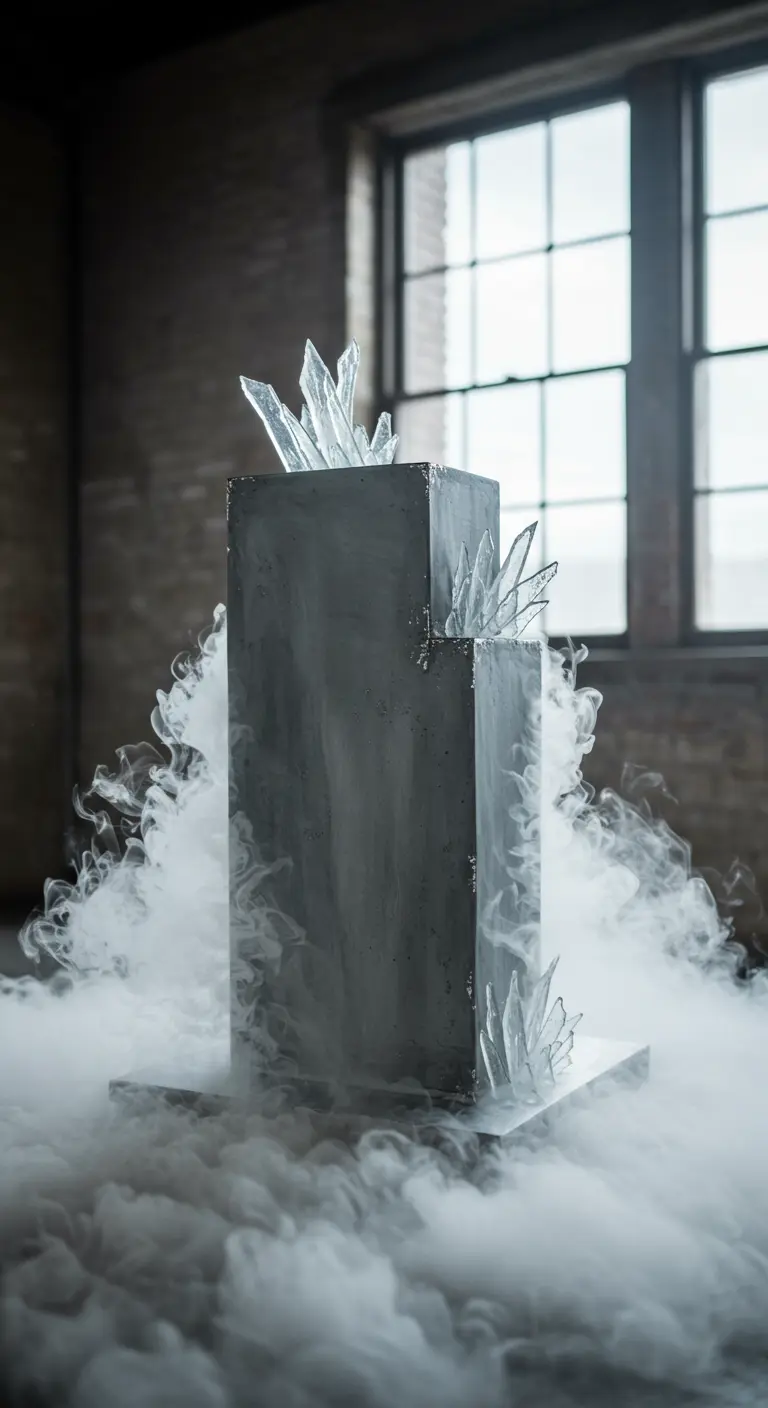 Betonfarbene, kantige Torte mit schimmernden Isomalt-Eissplittern und Nebel.