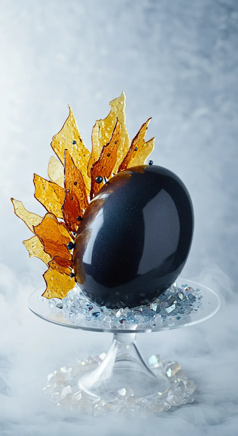 Glänzende, ovale Schokoladentorte mit goldglänzenden Karamell-Scherben und nebelartigem Trockeneis.