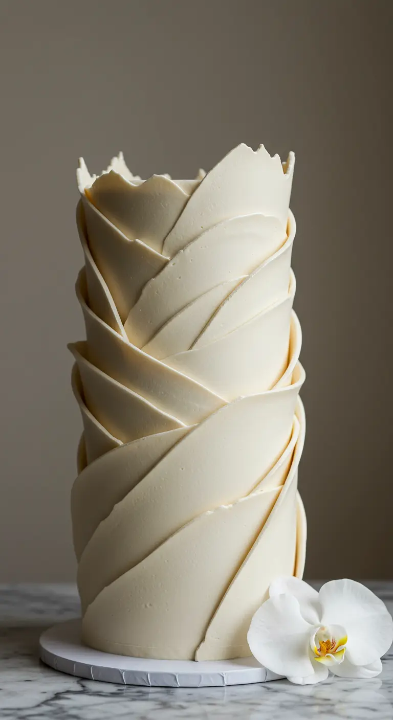 Hohe, elegante Hochzeitstorte in Elfenbein mit überlappenden Wellen.