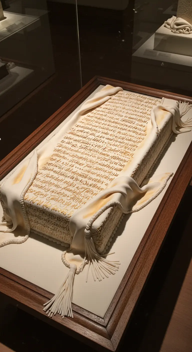 Rechteckige Torte als entrollte Schriftrolle mit handgeschriebener Kalligrafie und Fondant-Drapierungen
