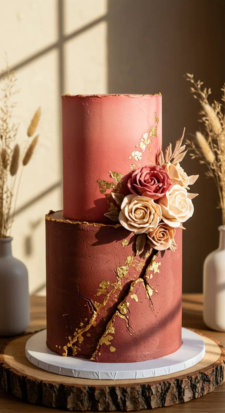 Zweistöckige Ombre-Torte in Rotbraun und Rosé, verziert mit goldenen Rissen und essbaren Zuckerrosen.