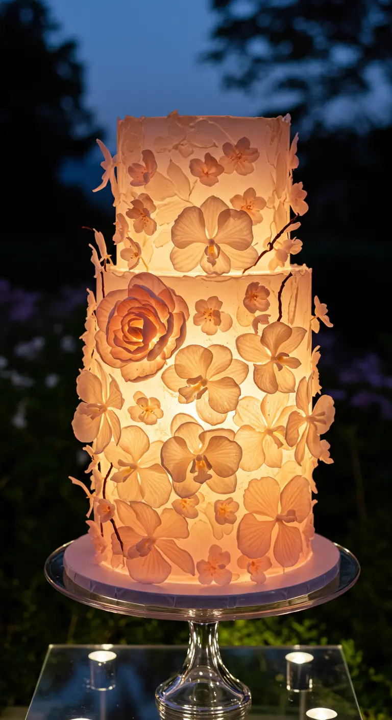 Weiße Torte, die von innen beleuchtet ist und mit filigranen Blumen-Ausstanzungen verziert ist.