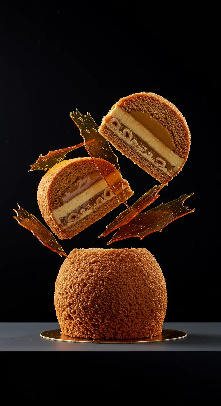 Aufgebrochene Karamellkugel-Torte, die ihre Füllung aus Nüssen und Karamell zeigt.