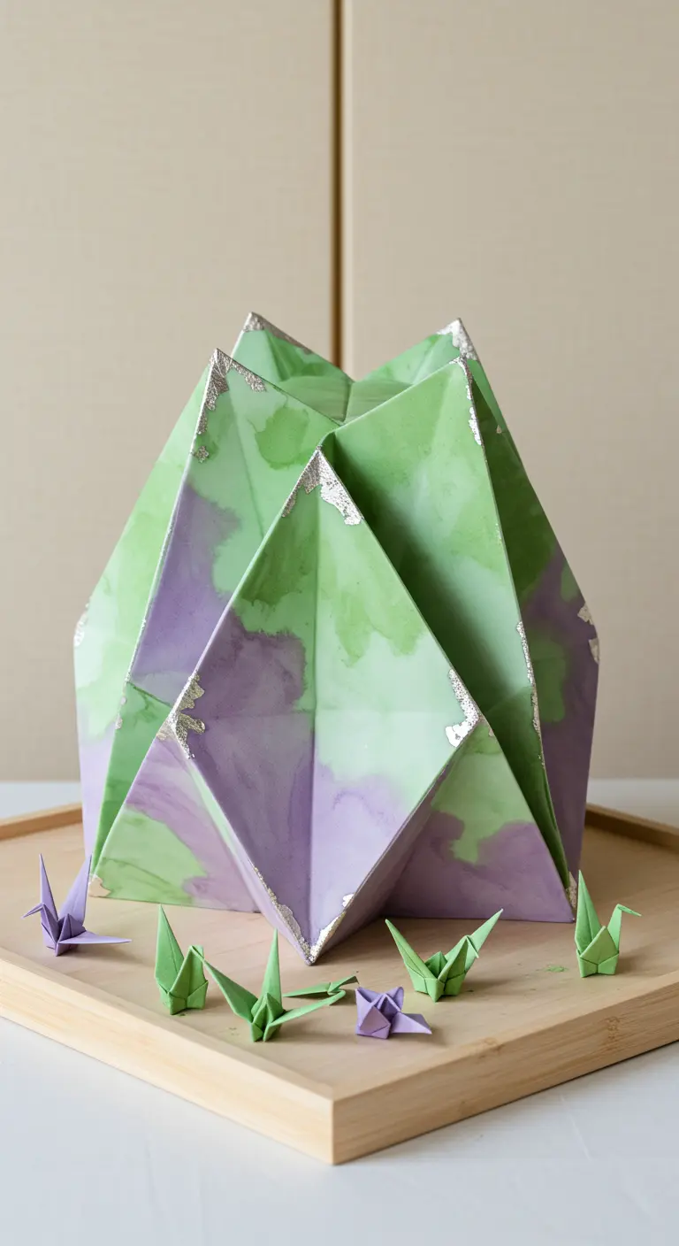 Geometrisch gefaltete Torte in Grün und Lila mit Aquarell-Effekt und Silberkanten, umgeben von Origami-Kranichen.