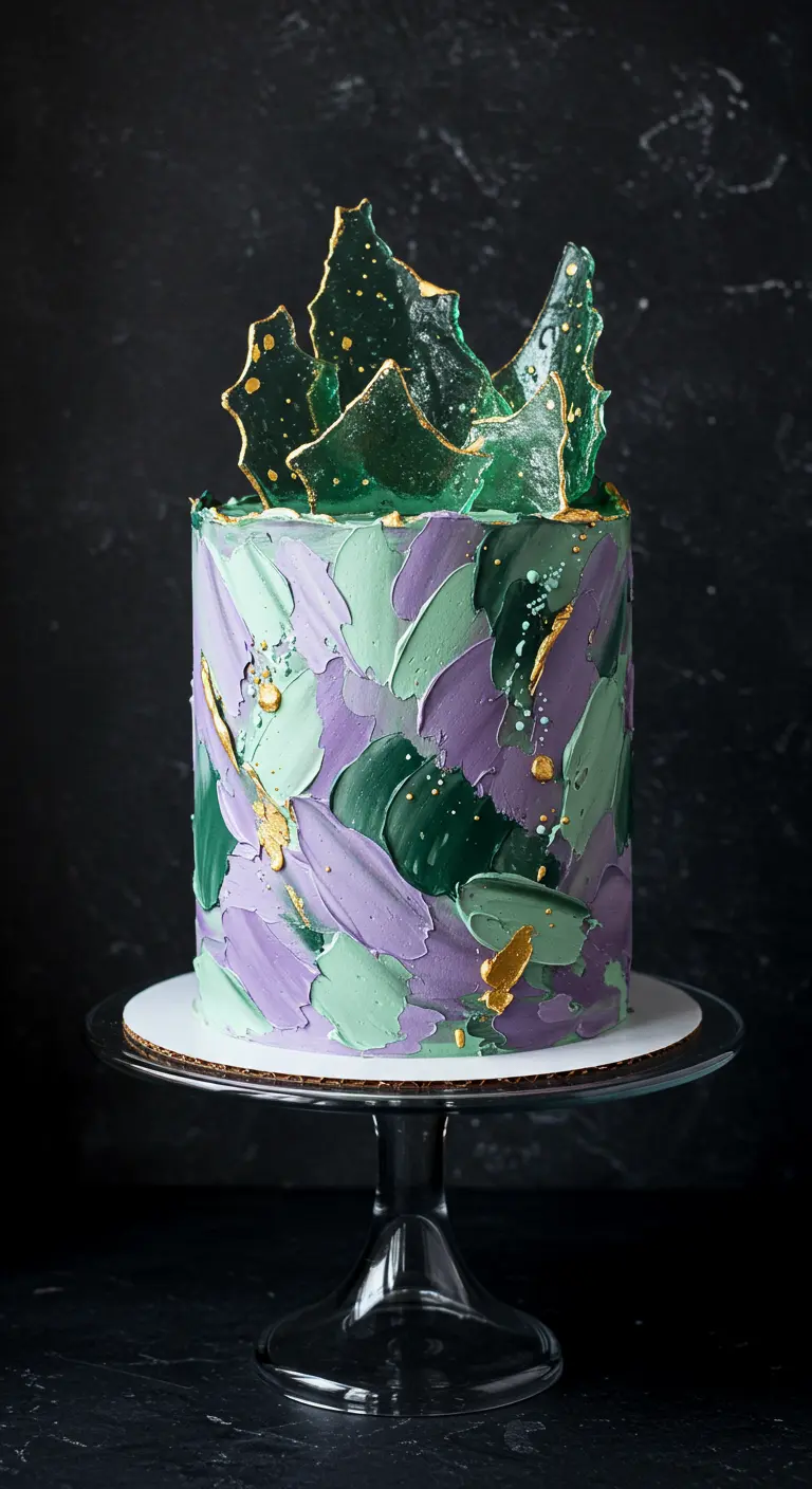 Hohe Torte mit abstrakten grünen und lavendelfarbenen Spachtelstrichen und grünen Zuckersplittern.