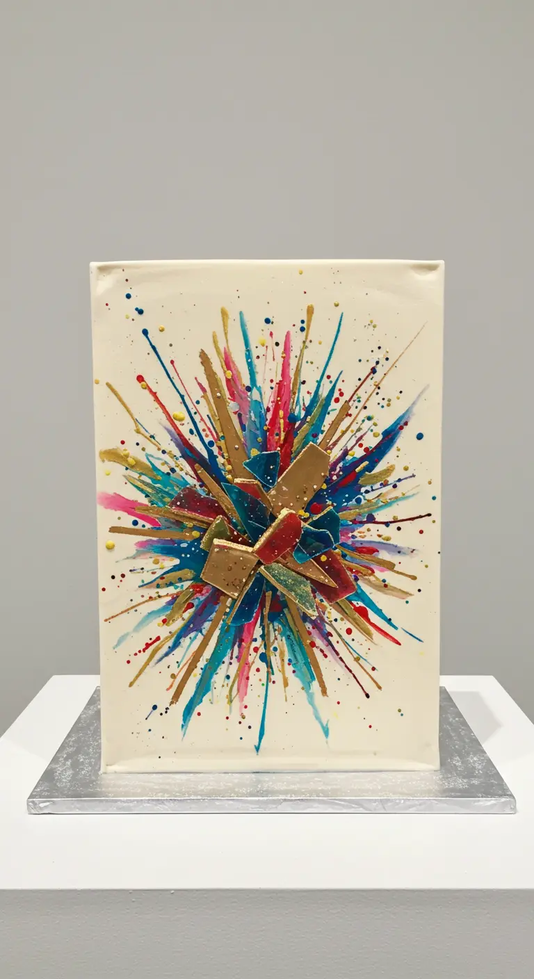 Weiße rechteckige Torte mit einer abstrakten Farbexplosion in Blau, Pink, Gelb und Gold.