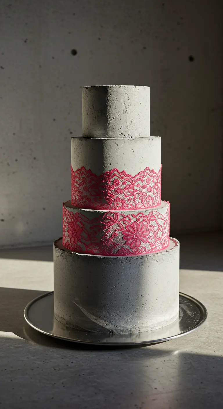 Vierstöckige Torte in Betonoptik, deren mittlere Etagen mit leuchtend pinker Spitze verziert sind.
