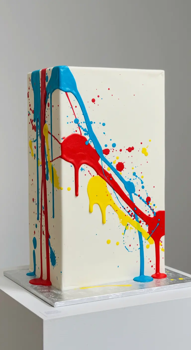Hohe, weiße rechteckige Torte mit bunten Farbspritzern in Rot, Gelb und Blau im Action-Painting-Stil.