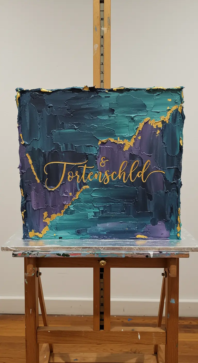 Quadratische Torte mit abstraktem blau-lila Spachteldesign und goldenem Schriftzug.