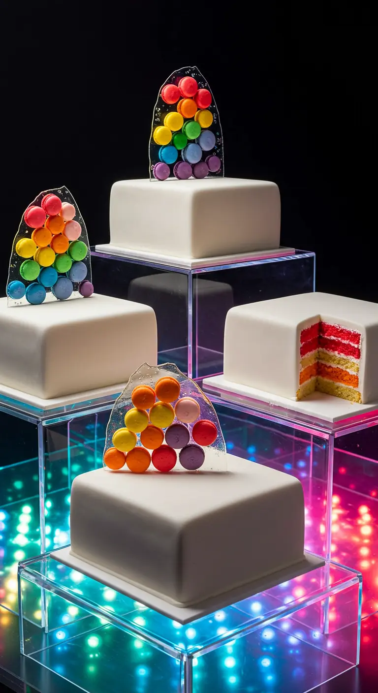 Vier quadratische Torten auf Leuchtpodesten mit Macaron-Pyramiden und Regenbogen-Innerem.