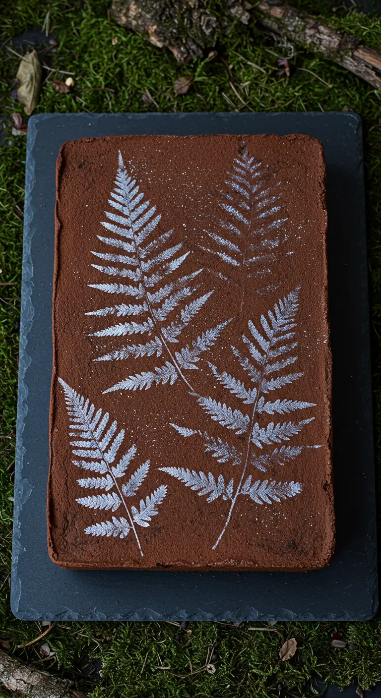 Rechteckiger Schokoladenkuchen mit dem silbernen Abdruck von Farnblättern.