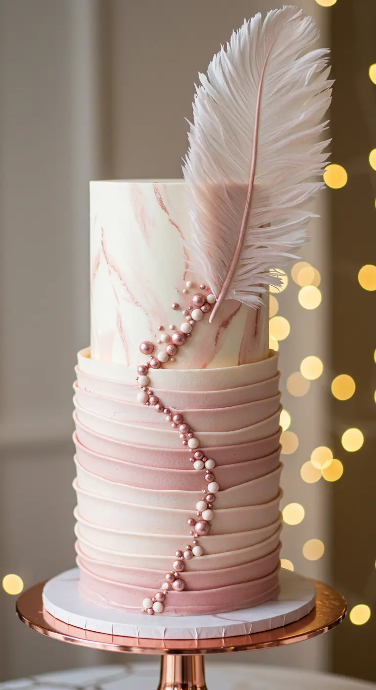 Zweistöckige rosa-weiße Torte: Marmor oben, rosa Ombré-Rüschen unten, mit Feder und Perlen.
