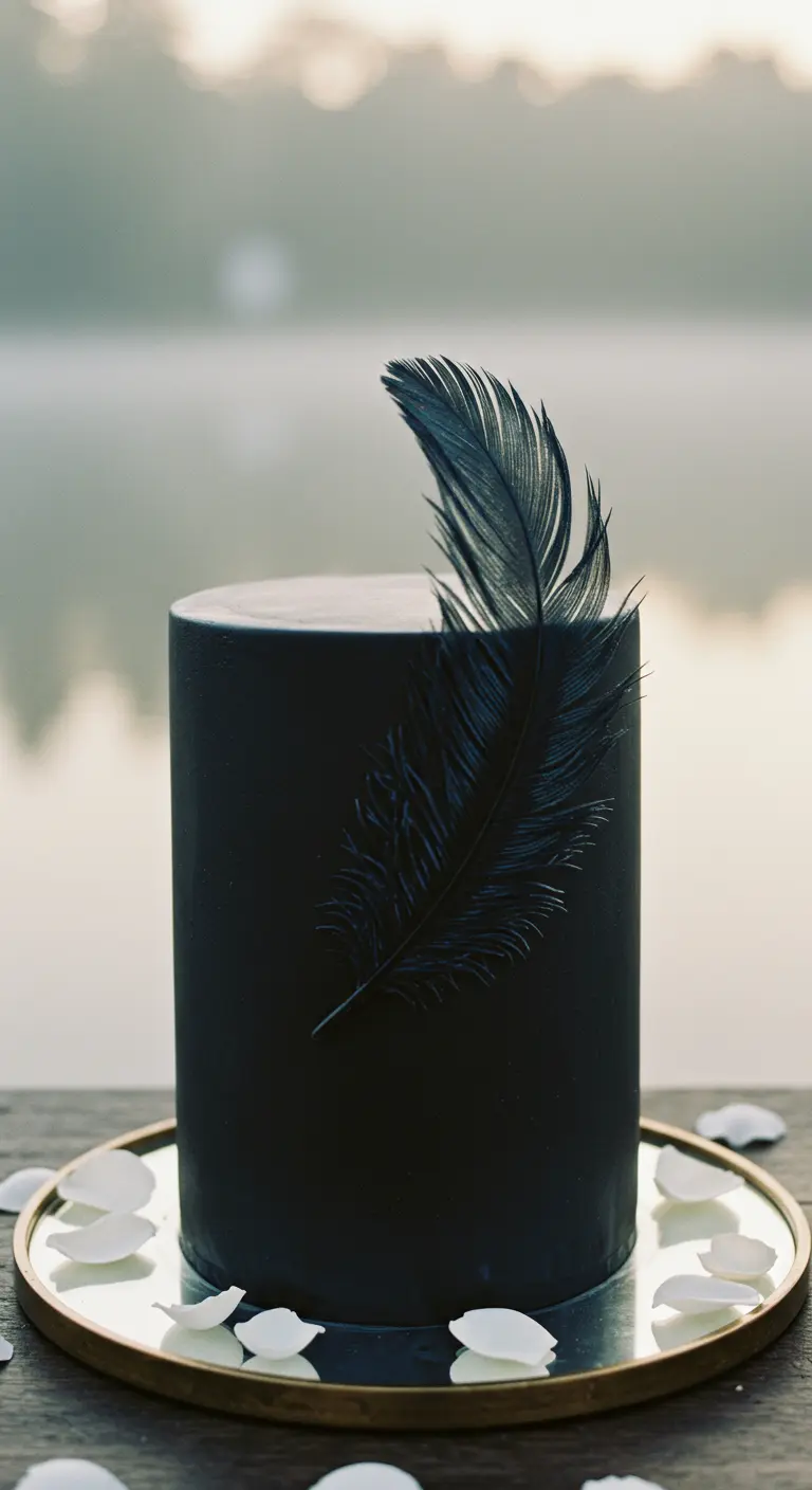 Einfache, mattschwarze Torte, dekoriert mit einer einzelnen, eleganten schwarzen Feder.