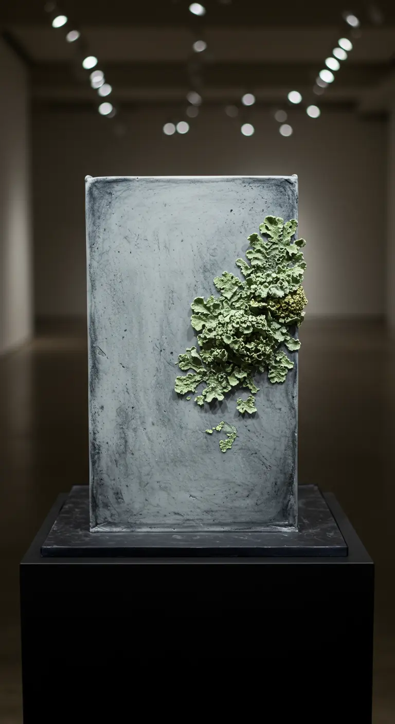 Rechteckige graue Torte, die wie ein Felsen aussieht, mit moosähnlichen grünen Flechten verziert.