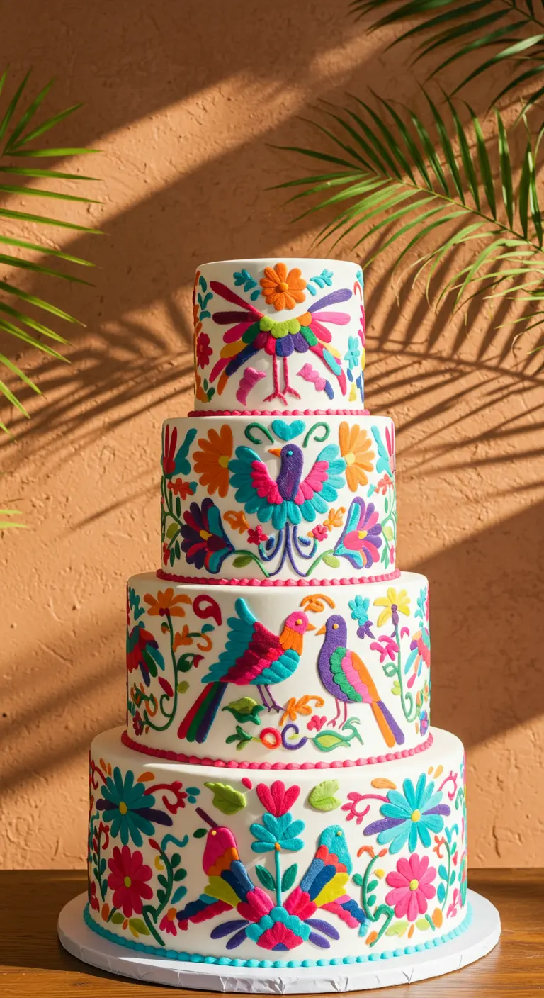 Weiße Hochzeitstorte mit bunten, mexikanischen Stickerei-Mustern (Otomi).