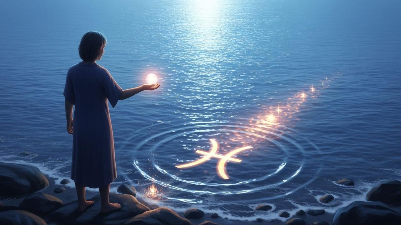 Fische August 2025: Frau am Ufer hält eine leuchtende Kugel über dem Wasser, Fische-Symbol im Meer.