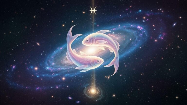 Kosmische Fische: Zwei Fische vor einem Sternenhintergrund, Symbol für das Horoskopzeichen Fische.