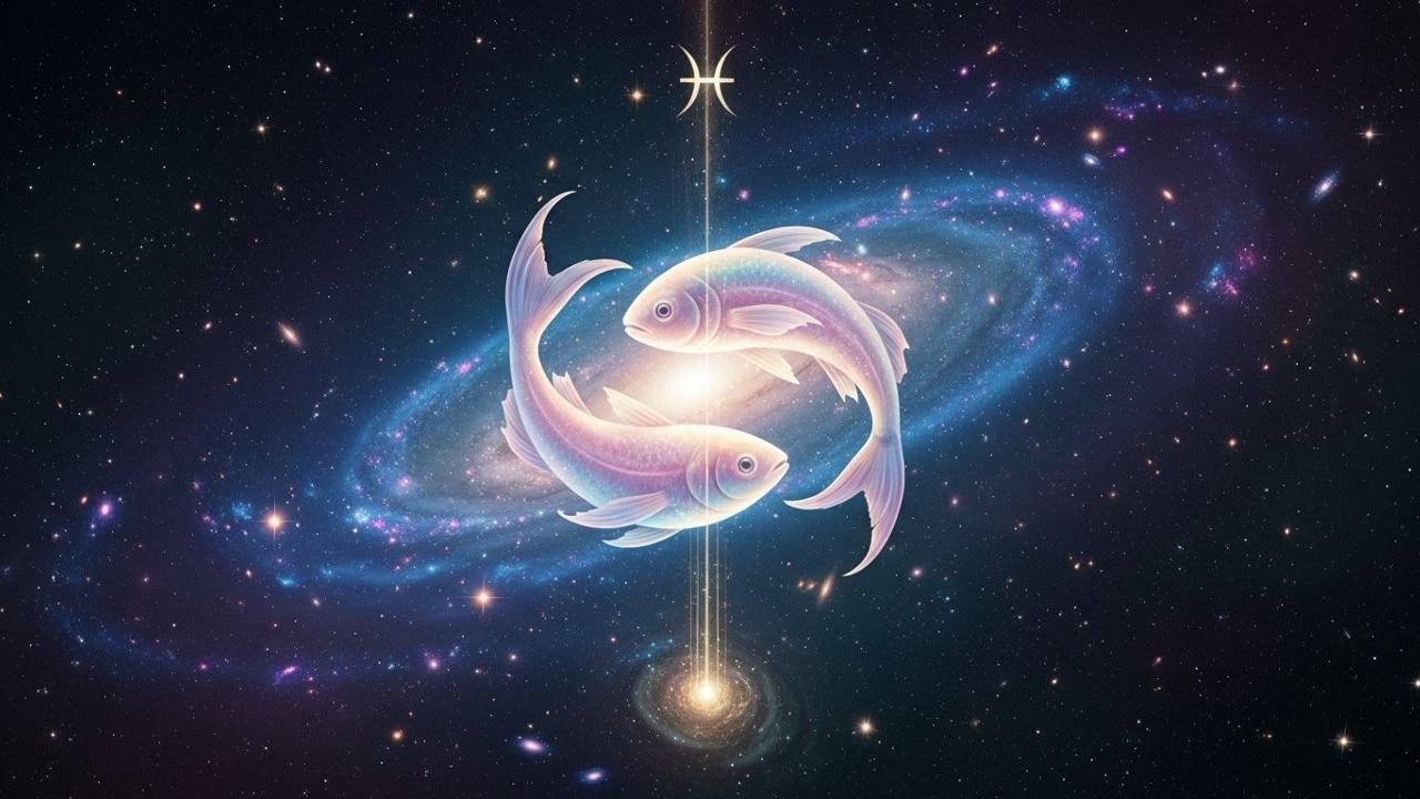 Kosmische Fische: Zwei Fische vor einem Sternenhintergrund, Symbol für das Horoskopzeichen Fische.