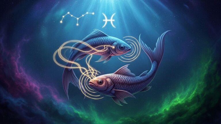 Zwei Fische (Sternzeichen Fische) mit Sternenbild vor kosmischem Hintergrund – Gesundheit am 15. Juni beachten!