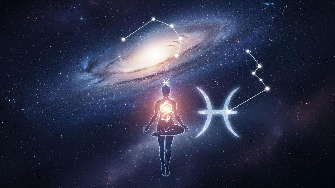 Fische im Juli: Intuition im Kosmos. Frau in Meditation mit Sternbild Fische.