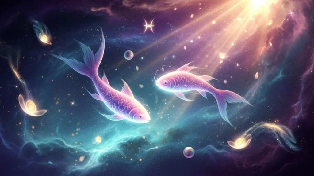 Sternzeichen Fische im Universum mit Glücksstrahl am 10. Juni. Spirituelle Botschaft.
