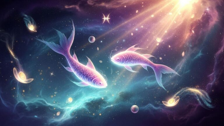 Sternzeichen Fische im Universum mit Glücksstrahl am 10. Juni. Spirituelle Botschaft.