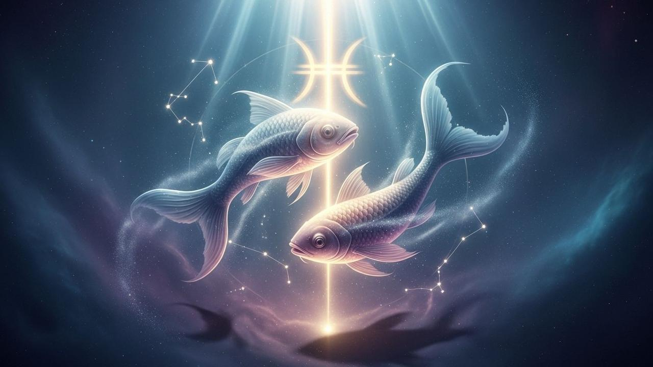 Zwei Fische im Sternenhimmel mit Fische-Symbol. Spiritueller Weckruf?