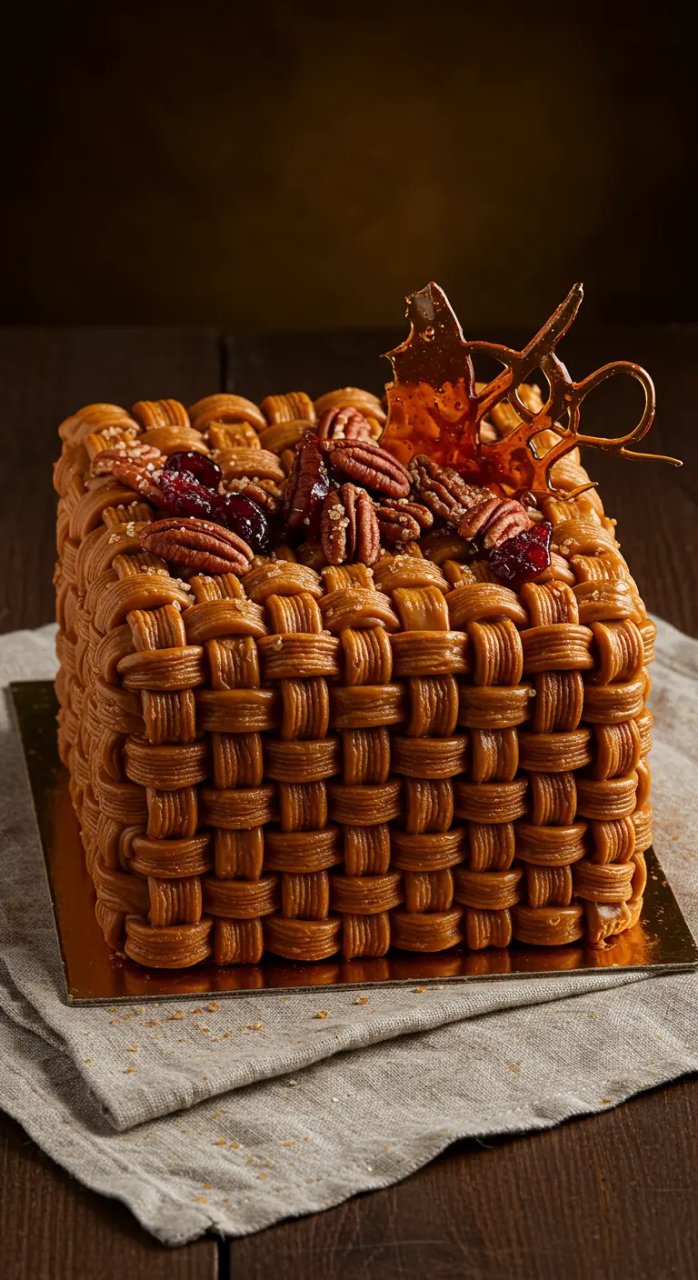 Quadratische Karamelltorte mit Flechtmuster, Pekannüssen und Karamellsplittern.