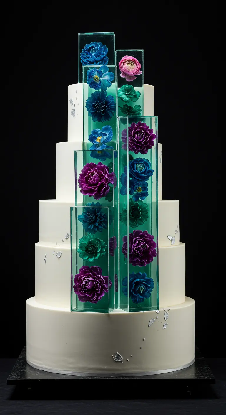 Mehrstöckige weiße Torte mit transparenten Säulen, gefüllt mit bunten Zuckerblumen.
