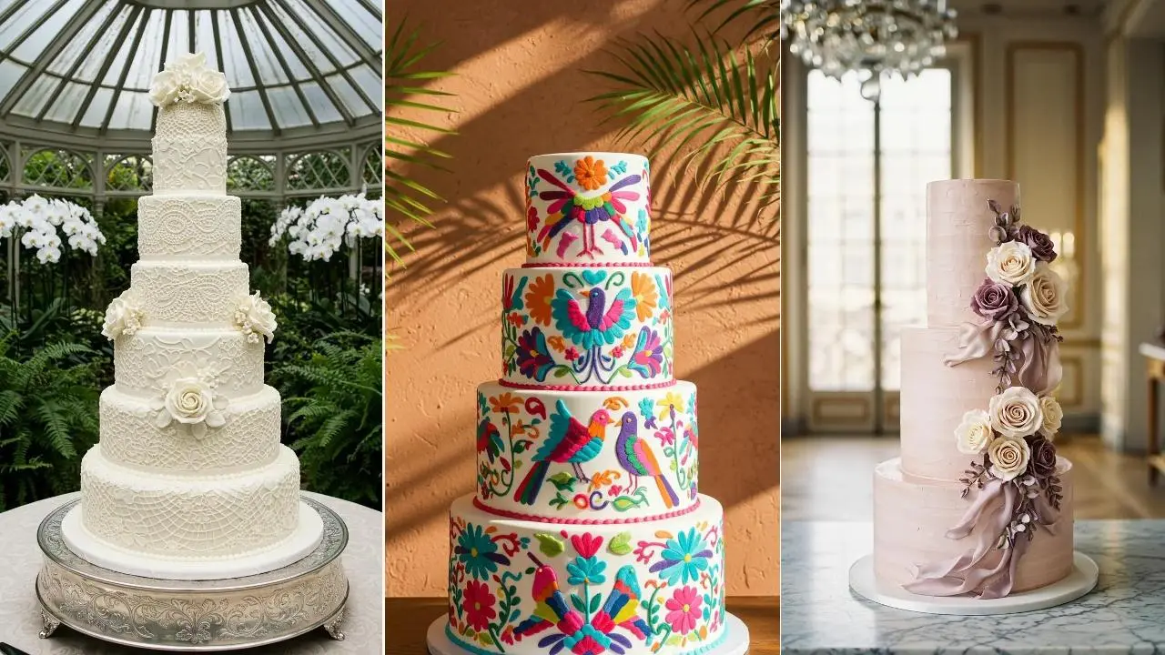 Collage von drei besonderen Hochzeitstorten mit floralen Mustern und Verzierungen in feiner Stickerei-Optik als Inspiration.