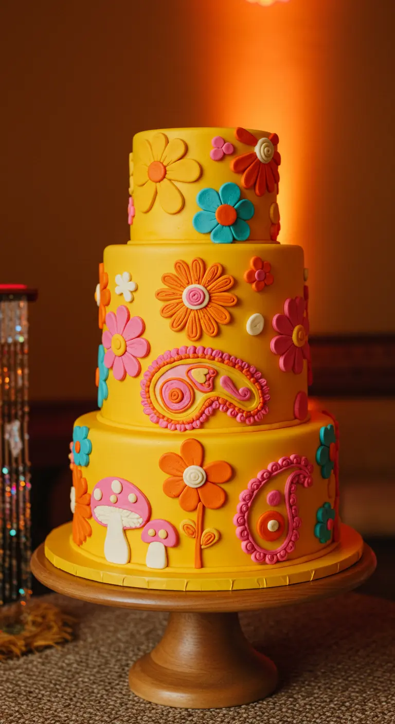 Gelbe, dreistöckige Hochzeitstorte mit bunten Blumen und Mustern im 70er-Jahre-Stil.