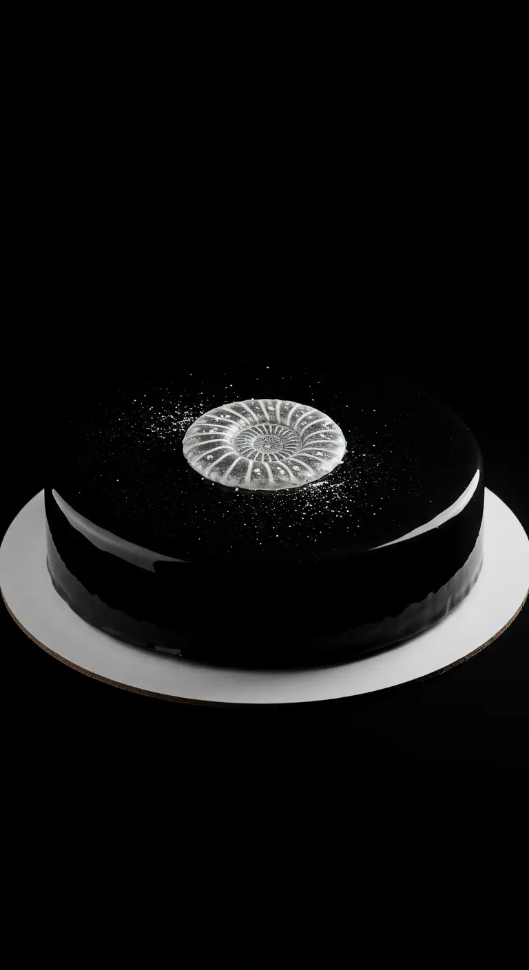 Schwarze Torte mit Hochglanz-Glasur und einer silbernen Ammoniten-Spirale in der Mitte.