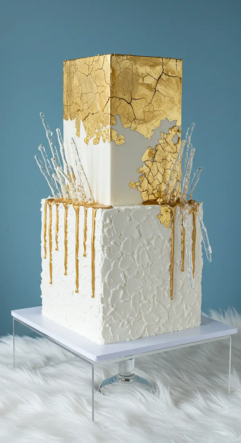 Zweistöckige weiße Torte mit rissiger Goldblatt-Oberseite und herunterhängenden Zucker-Eiszapfen.
