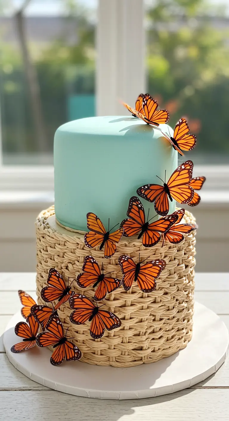 Zweistöckige Torte, unterer Teil im Korbflecht-Design, oberer Teil mintgrün, mit vielen Monarchfaltern.