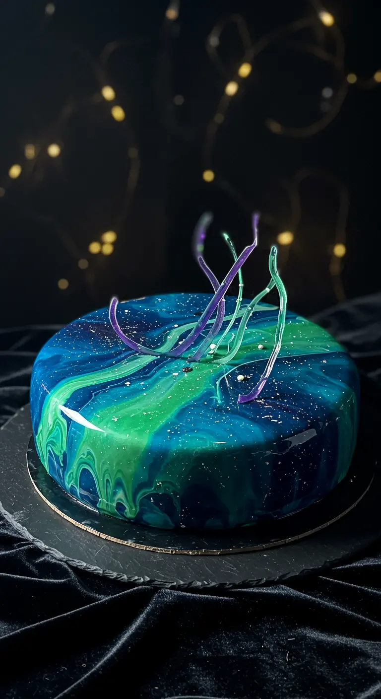 Runde Torte mit blau-grün-lila gesprenkelter Mirror Glaze und abstrakten Zuckerdekorationen.