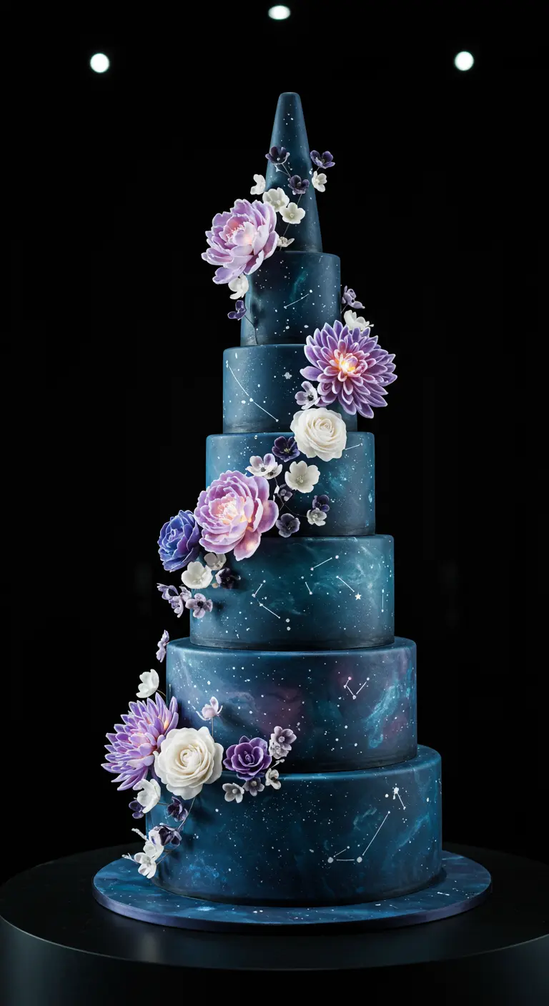 Dunkelblaue Torte mit Sternenmustern, lila-weißen Blüten und spitzem Aufsatz.